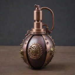 A unique steampunk grenade embellished with intricate brass gears, copper pipes, and rich mahogany details.