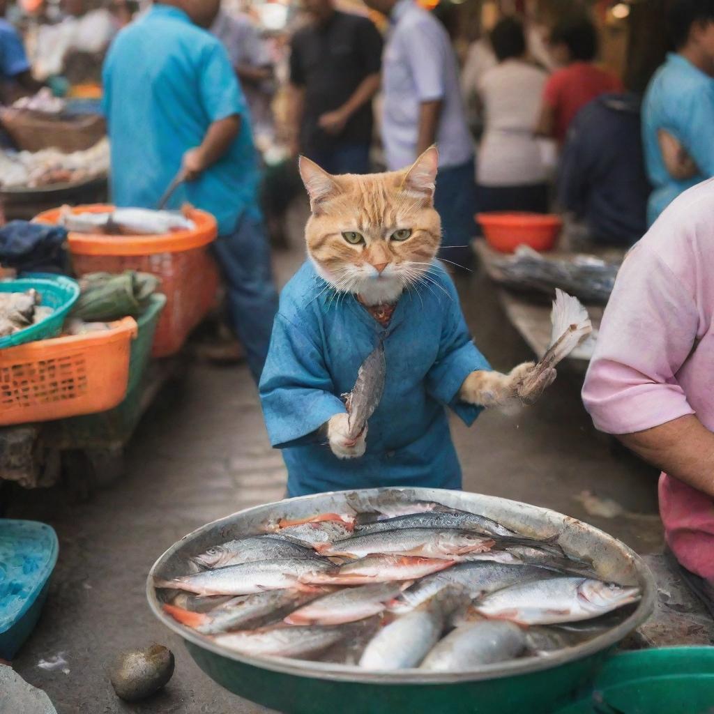 A mischievous cat clad in clothing, boldly swiping a fish from a busy bazaar fisherman's stall, amidst bustling crowds and a myriad of other stores.