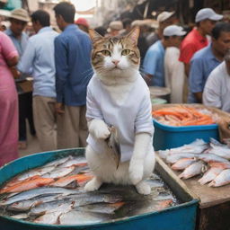 A mischievous cat clad in clothing, boldly swiping a fish from a busy bazaar fisherman's stall, amidst bustling crowds and a myriad of other stores.