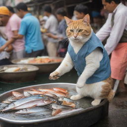 A mischievous cat clad in clothing, boldly swiping a fish from a busy bazaar fisherman's stall, amidst bustling crowds and a myriad of other stores.