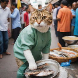 A mischievous cat clad in clothing, boldly swiping a fish from a busy bazaar fisherman's stall, amidst bustling crowds and a myriad of other stores.