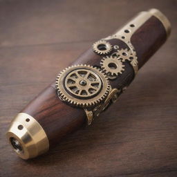 A carefully crafted steampunk flashbang, decorated with complex gears, polished brass and dark wood pieces.