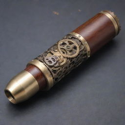 A carefully crafted steampunk flashbang, decorated with complex gears, polished brass and dark wood pieces.