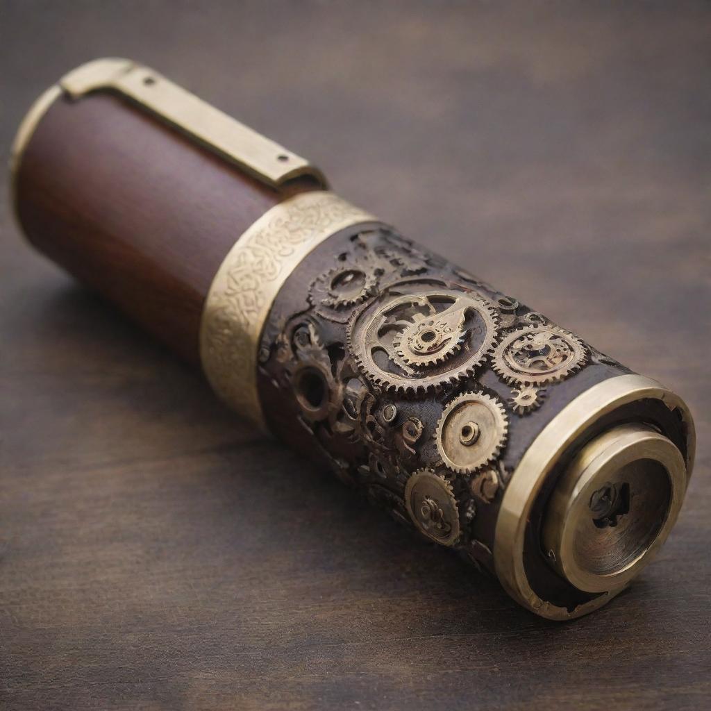 A carefully crafted steampunk flashbang, decorated with complex gears, polished brass and dark wood pieces.