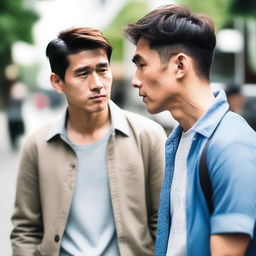 Generate an image of two handsome Asian men engaged in a serious conversation