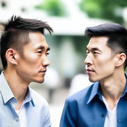 Generate an image of two handsome Asian men engaged in a serious conversation