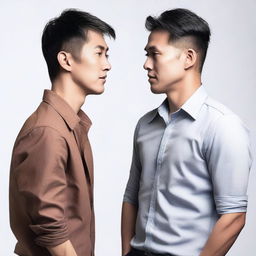 Generate an image of two handsome Asian men engaged in a serious conversation