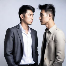 Generate an image of two handsome Asian men engaged in a serious conversation