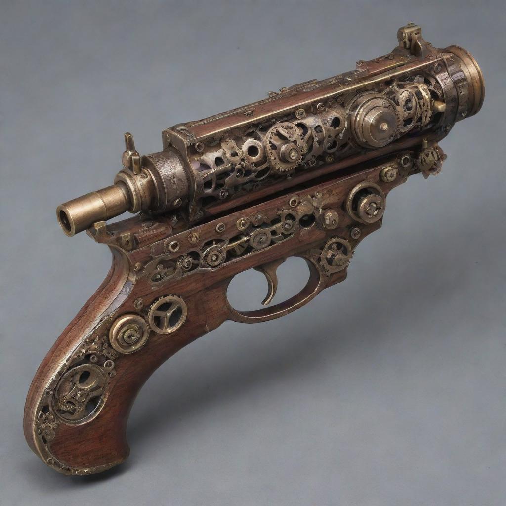 An elaborately designed steampunk submachine pistol adorned with an array of elegant gears, burnished brass accents, and finely carved wood finishes.