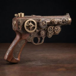 An elaborately designed steampunk submachine pistol adorned with an array of elegant gears, burnished brass accents, and finely carved wood finishes.