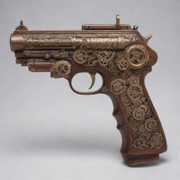 An elaborately designed steampunk submachine pistol adorned with an array of elegant gears, burnished brass accents, and finely carved wood finishes.