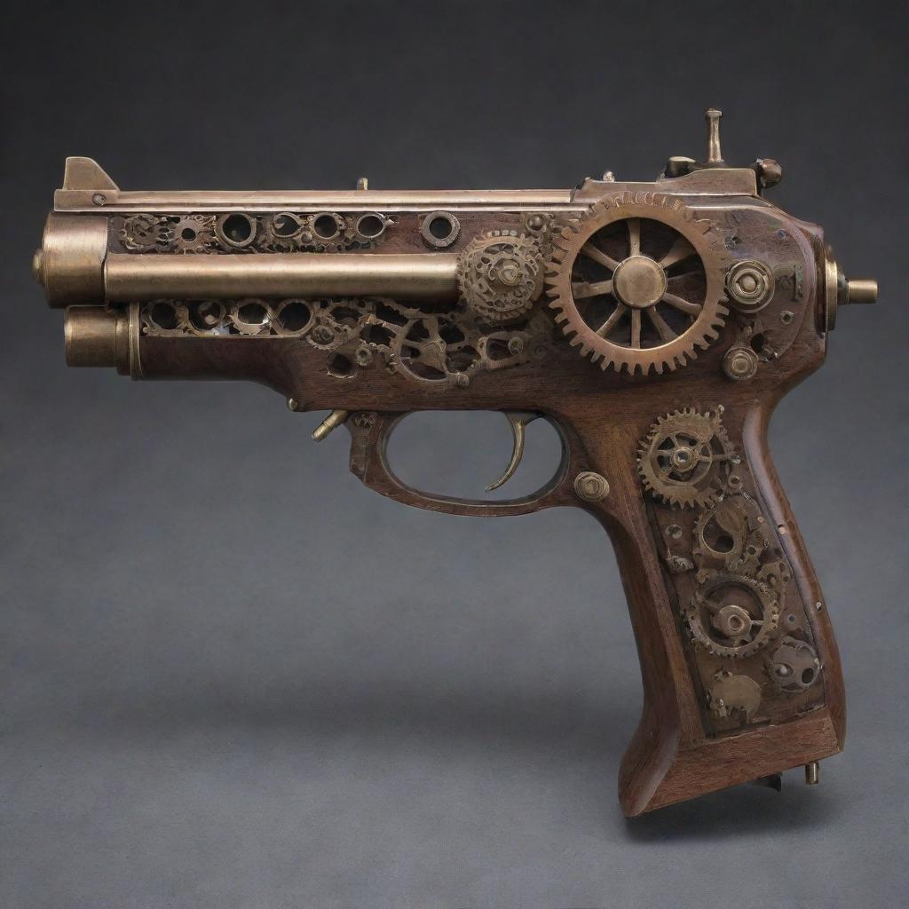 An elaborately designed steampunk submachine pistol adorned with an array of elegant gears, burnished brass accents, and finely carved wood finishes.