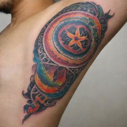 A detailed close up of an artistic, intricate tattoo on skin, featuring strong line work and vibrant colors.