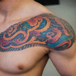 A detailed close up of an artistic, intricate tattoo on skin, featuring strong line work and vibrant colors.