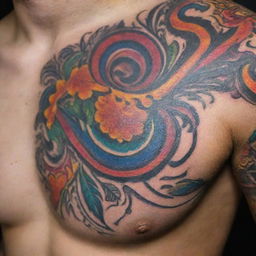 A detailed close up of an artistic, intricate tattoo on skin, featuring strong line work and vibrant colors.