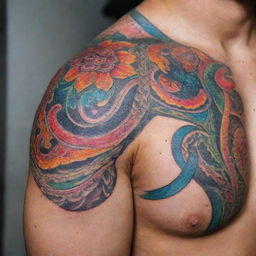 A detailed close up of an artistic, intricate tattoo on skin, featuring strong line work and vibrant colors.