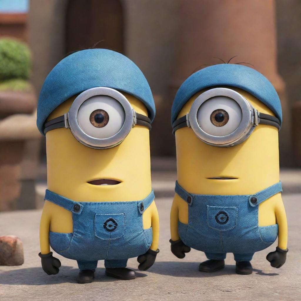 Blue versions of animated characters Kevin and Bob from the Minions movie.