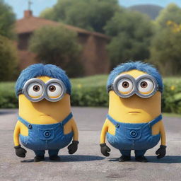 Blue versions of animated characters Kevin and Bob from the Minions movie.