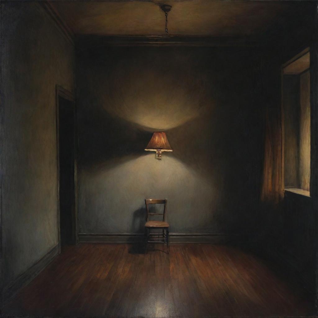 A moody, atmospheric painting of an empty room with dim lighting, featuring a lone chair and a lamp