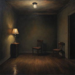 A moody, atmospheric painting of an empty room with dim lighting, featuring a lone chair and a lamp