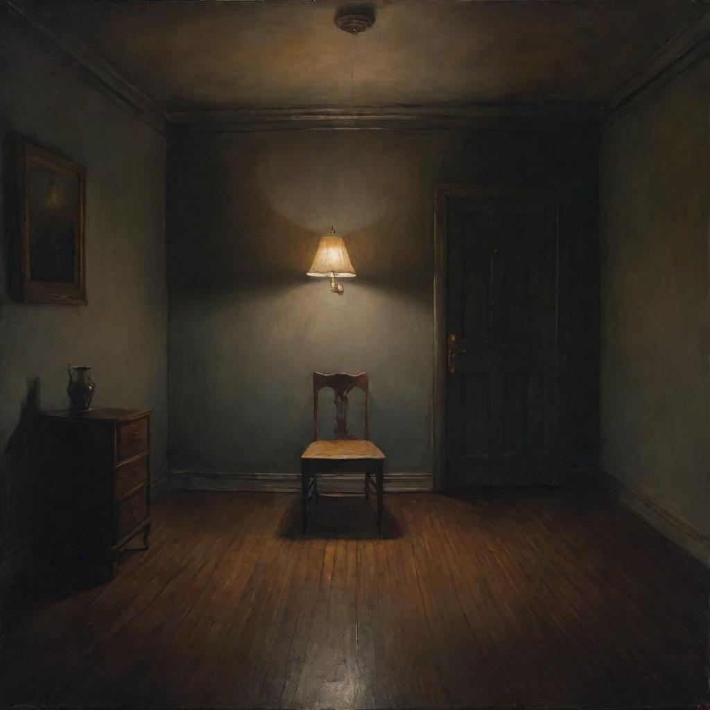 A moody, atmospheric painting of an empty room with dim lighting, featuring a lone chair and a lamp