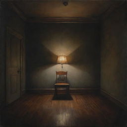 A moody, atmospheric painting of an empty room with dim lighting, featuring a lone chair and a lamp