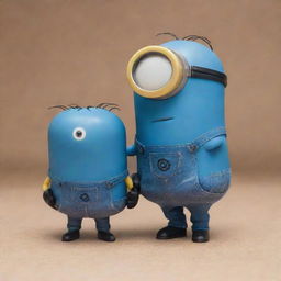 A big, blue Kevin Minion standing next to a short Bob Minion