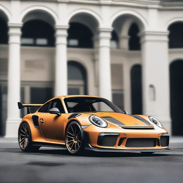 Create an image of a champagne-colored 911 Turbo GT3RS that has been modified with street parts