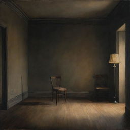 A dramatic painting of an empty room under dim lighting, highlighting the presence of a solitary chair and a standing lamp