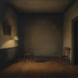 A dramatic painting of an empty room under dim lighting, highlighting the presence of a solitary chair and a standing lamp