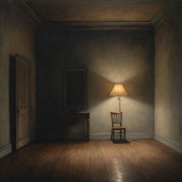 A dramatic painting of an empty room under dim lighting, highlighting the presence of a solitary chair and a standing lamp