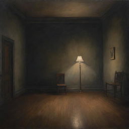 A dramatic painting of an empty room under dim lighting, highlighting the presence of a solitary chair and a standing lamp