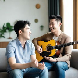 Generate an image of two handsome Asian men engaged in conversation in a living room setting