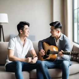 Generate an image of two handsome Asian men engaged in conversation in a living room setting