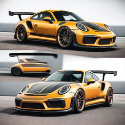 Generate an image of a champagne-colored 911 Turbo GT3RS that has been heavily modified with street parts