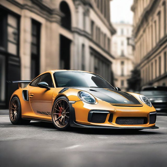 Generate an image of a champagne-colored 911 Turbo GT3RS that has been heavily modified with street parts
