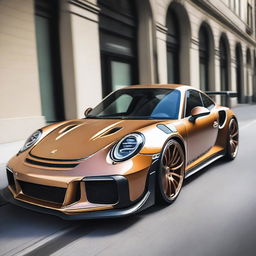 Generate an image of a champagne-colored 911 Turbo GT3RS that has been heavily modified with street parts