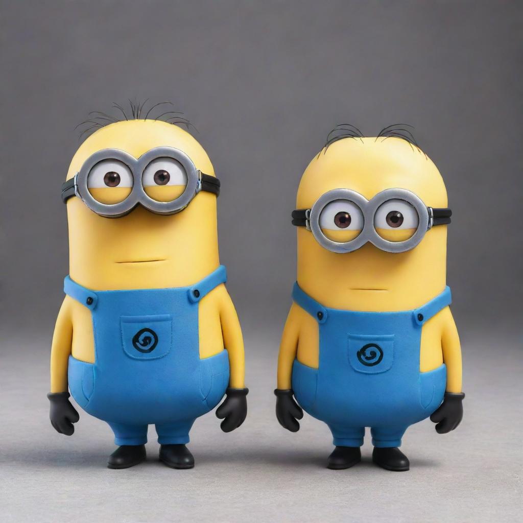 Bob and Kevin, two minions, with Bob having an unusual blue color, standing side by side in a playful and cheerful manner