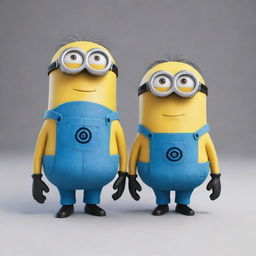 Bob and Kevin, two minions, with Bob having an unusual blue color, standing side by side in a playful and cheerful manner