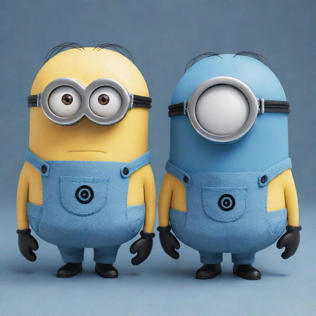 Bob and Kevin, two minions, with Bob having an unusual blue color, standing side by side in a playful and cheerful manner