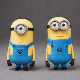 Bob and Kevin, two minions, with Bob having an unusual blue color, standing side by side in a playful and cheerful manner