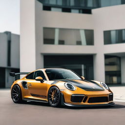 Generate an image of a champagne-colored 911 Turbo GT3RS that has been modified with street parts, including a racing stripe and a modified hood scoop