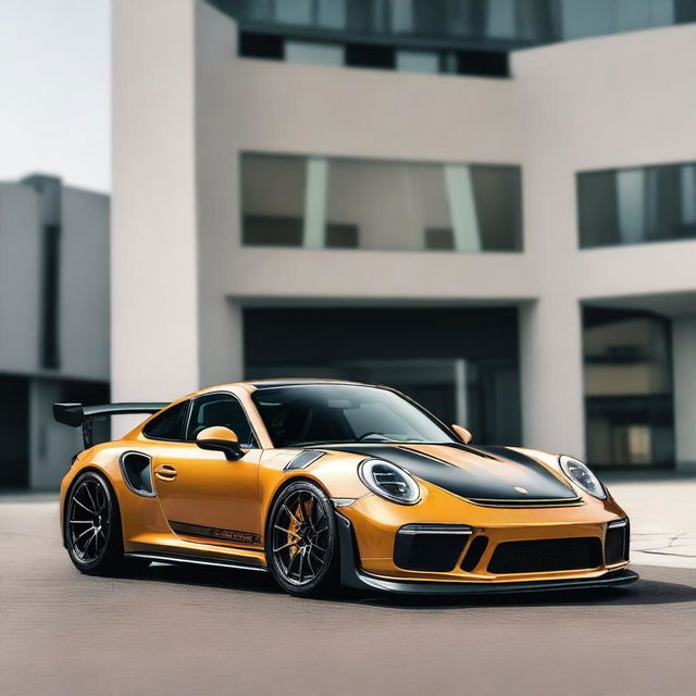 Generate an image of a champagne-colored 911 Turbo GT3RS that has been modified with street parts, including a racing stripe and a modified hood scoop