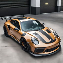 Generate an image of a champagne-colored 911 Turbo GT3RS that has been modified with street parts, including a racing stripe and a modified hood scoop