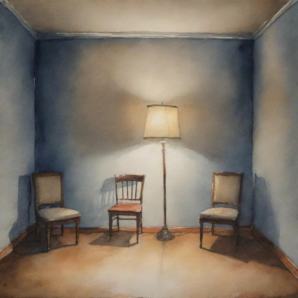 A watercolor painting showcasing an empty room under dim lighting, accentuating a single chair and a standing lamp