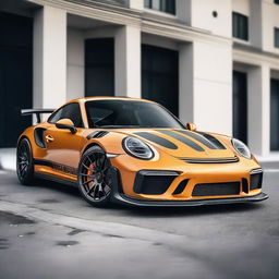 Generate an image of a champagne-colored 911 Turbo GT3RS that has been modified with street parts, including a racing stripe and a modified hood scoop