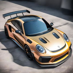 Generate an image of a champagne-colored 911 Turbo GT3RS that has been modified with street parts, including a racing stripe and a modified hood scoop