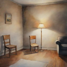 A watercolor painting showcasing an empty room under dim lighting, accentuating a single chair and a standing lamp