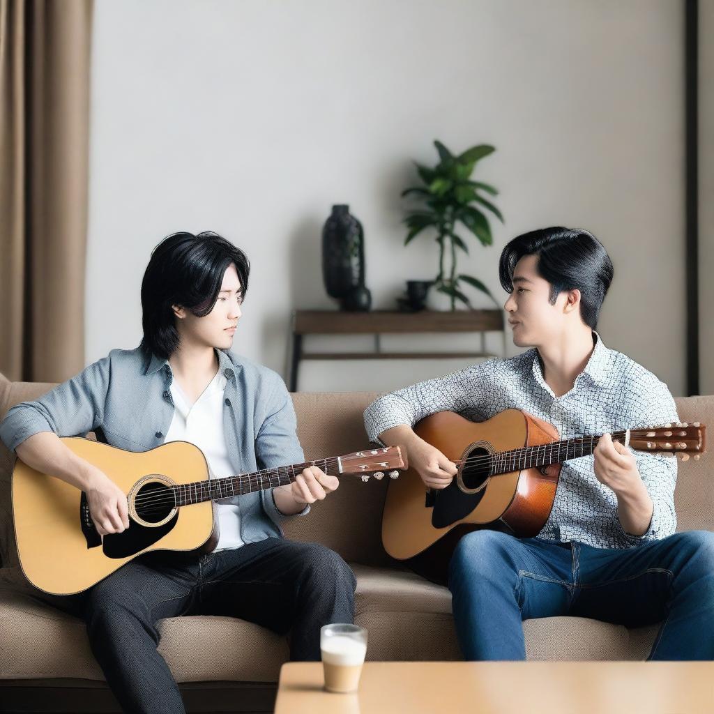 Two handsome Asian men are engaged in a conversation in a living room