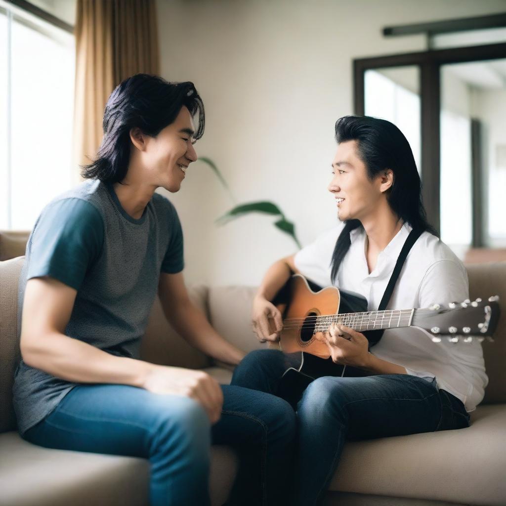 Two handsome Asian men are engaged in a conversation in a living room